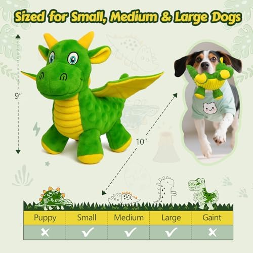 Squeaky Dog Toy - Plush Dragon with 5 Squeakers and Crinkle Wings
