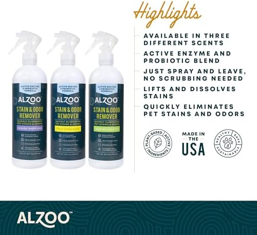 ALZOO Pet Stain & Odor Remover Spray for Dog & Cat Urine, Carpet, Furniture & Floors | Active Enzyme & Probiotic Formula | Citrus Vanilla Scent | Made in USA | 16 oz