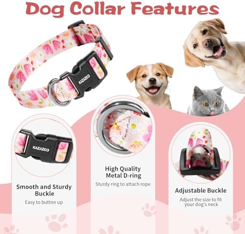 Kazazoo Dog Collar Cute and Soft Nylon Puppy Collar Girl, Adjustable Dog Collars for Large Dogs, Pink Flowers-L