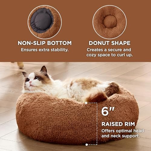 Bedsure Calming Cat Beds Donut Round Washable Kitten Bed,20 inches Copper