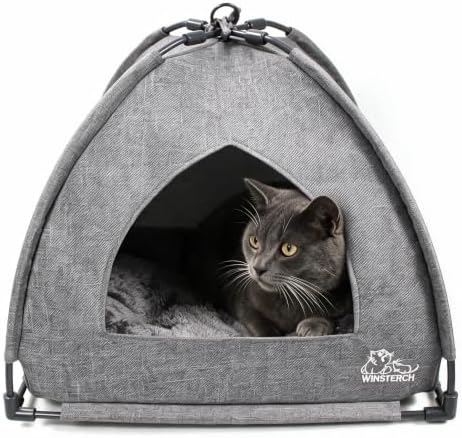 Winsterch Gray Cat Tent Covered Pet House for Indoor Cats, Washable Cushion