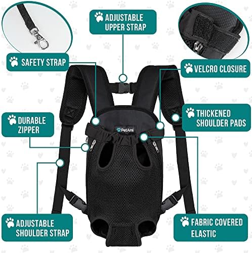 PetAmi Dog Carrier Backpack, Adjustable Dog Pet Cat Front Carrier Backpack | Ventilated Dog Chest Carrier for Hiking Camping Travel, Sling Bag for Small Medium Dog Cat Puppies, Large, 12-16 lbs, Black