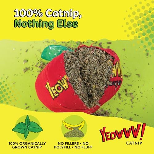 Yeowww! Catnip Apple Cat Toy - 4 in toy for cats with Crinkly Leaf, 100% Stuffed with Premium Organically Grown Catnip, Made in USA