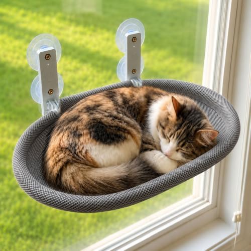 Foldable Cat Window Perch with Suction Cups & Grey Breathable Mesh Cover