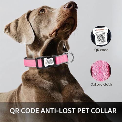 Personalized Dog Collar with QR Code Dog Tag, Oxford Pink S
