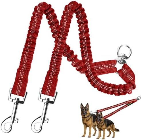 MingXpet 2 Dog Leash, Dog Leash for 2 Dogs, 360° Swivel No Tangle Double Walking Training Leashes for Large Dogs that Pull, Comfortable Shock Absorbing Reflective Bungee, Red
