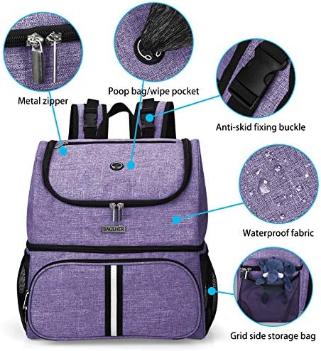 BAGLHER Pet Travel Bag, Double-Layer Pet Supplies Backpack (for All Pet Travel Supplies), Pet Travel Backpack with 2 Silicone Collapsible Bowls and 2 Food Baskets Purple