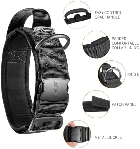 OneTigris Heavy Duty Dog Collar for Medium Dogs with Traffic Handle Black M