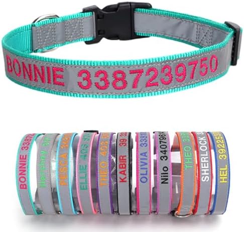 Reflective Personalized Dog Collar Custom Embroidered with Pet Name and Phone Number 4 Adjustable Sizes with Quick Release Buckle for Boy Girl Small Medium Large Dogs