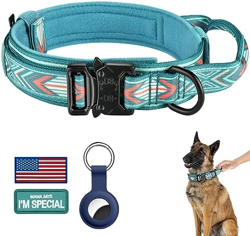 DAGANXI Tactical Dog Collar, Adjustable Military Training Nylon Dog Collar with Control Handle and Heavy Metal Buckle for Medium and Large Dogs, with Patches and Airtags Case (M, Green Arrow)