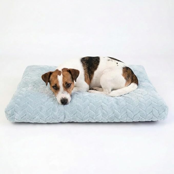 24 Inch Dog Crate Bed for Small Dogs, Washable Dog Crate Pad for Dog Cages, Soft Jacquard Flannel Kennel Mat with Anti-Slip Bottom, Fluffy Crate Mat for Puppies and Small Dogs,Washed Blue