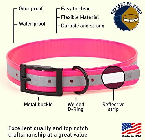 Dogline Biothane Translucent Reflective Waterproof Dog Collar Strong Coated Nylon Webbing with Black Hardware Odor- Proof for Easy Care Clean Fits Small Medium or Large Dogs - Pink 3/4" W x 12"-15" L
