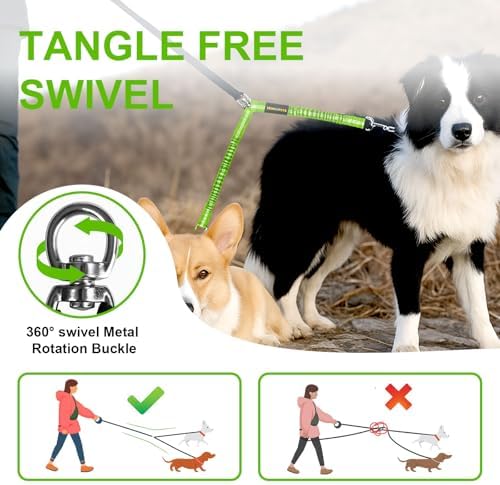 MingXpet 2 Dog Leash, Dog Leash for 2 Dogs, 360° Swivel No Tangle Double Walking Training Leashes for Large Dogs that Pull, Comfortable Shock Absorbing Reflective Bungee, Green