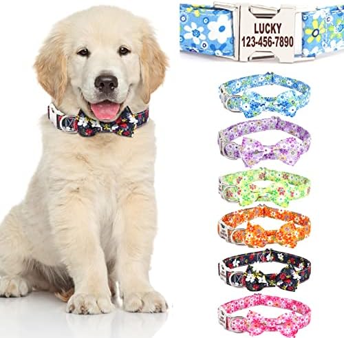 Personalized Dog Collars with Bowtie for Female Dogs,Cute Custom Dog Collar for Girl Dog Engraved with Name and Phone Number for Puppy Small Medium Large Dogs