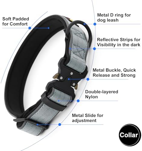 Plutus Pet Tactical Dog Collar, Reflective, Adjustable Heavy Duty Dog Collar, Soft Padded and Comfortable, for Small Medium and Large Dogs (Gray, M)