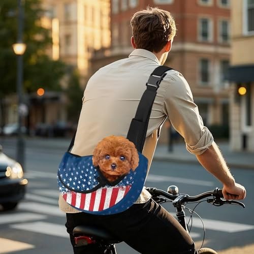COEQINE Large Capacity Pet Carrier Sling Bag for Small Dogs 3-10 Ibs, American Flag Stars Print Reversible Crossbody Purse for Dogs and Cats Small Pouch Drawstring Dog Papoose Non-Anxiety