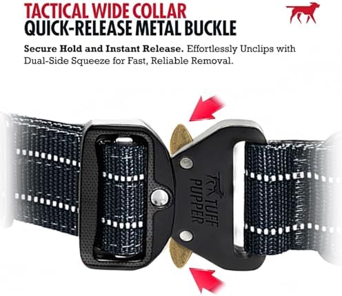 Tuff Pupper Tactical Dog Collar | Heavy Duty 1.5" Wide Ballistic Nylon | Training Control Handle | Quick-Release Metal Buckle | Reflective Bands | ID Tag Holder | Padded Inner Lining (Black, Medium)