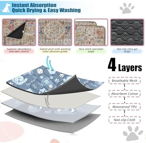 Washable Pee Pad for Dog - 35"x47" Bohemian Style Superior Reusable Pet Training Pad - Waterproof Dog Pee Pad Protects Against Urine Leakage Non-Slip Grip Prevents Slipping & Bunching