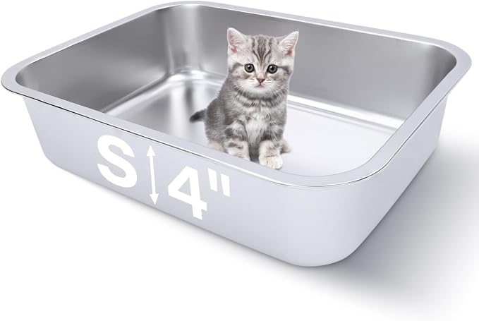 Small Stainless Steel Litter Box for Kittens, 15.5"×11.6"×4" Metal Litter Box for Kitten Rust-Proof, Non Stick, No Smell, Easy to Clean for Cats Rabbits
