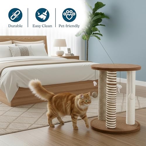 Cat Scratching Post - 3 Scratcher Posts with Carpeted Base Play Area and Perch - Furniture Scratching Deterrent for Indoor Cats by PETMAKER (Brown), Large