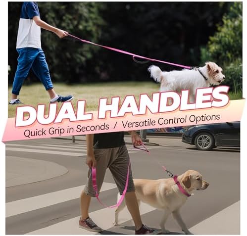 VIVAGLORY Double Handle Dog Leash Twingrip, 4ft x 1in, Pink-Carabiner