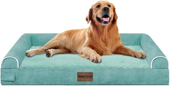 NANUYA Orthopedic Dog Bed for X-Large Dogs, 40 x 32 Inch, Aqua Blue | Egg crate foam for joint support, 3-sided bolster pet sofa, waterproof lining, washable cover, and non-skid base