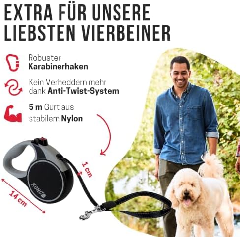 Alcott KONG Terrain Retractable Dog Leash, Small, Red, 16' Long