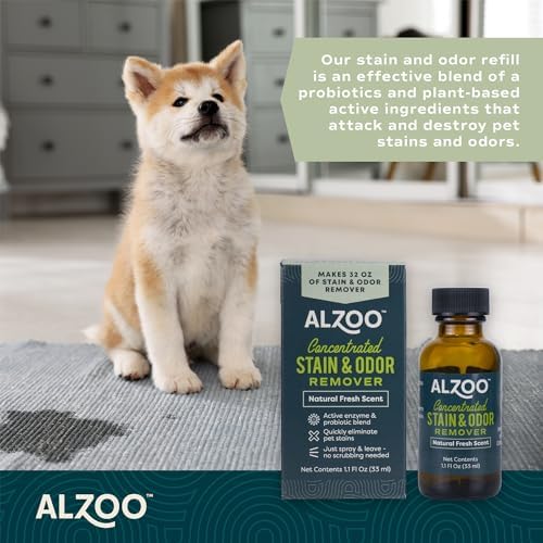 ALZOO Concentrated Pet Stain & Odor Remover Refill, Makes Up to 96 Fl Oz Cleaning Solution, Enzyme & Probiotic Formula, Refill Bottles for Dogs & Cats, 1.1 Fl Oz