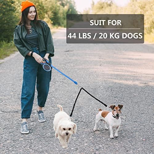 Dual Retractable Dog Leash for Walking 2 Small-Large Dogs up to 44lbs / 20 kg,Double Headed 16 ft Extendable Dog Leash with Poop Bags--Non Slip Grip, 360 Tangle-Free,One Button Break & Lock, Blue
