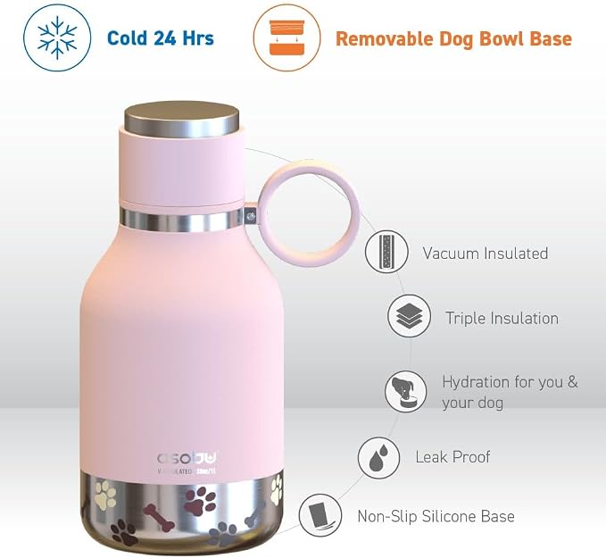 asobu Buddy Bottle, a Stainless Steel Insulated Water Bottle with Removable Dog Water Bowl and Dog Food and Treat Storage (Pink, 37 Oz)