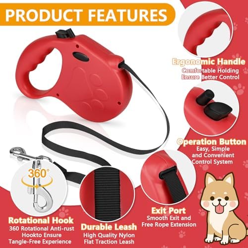 Retractable Dog Leash, 16ft Dog Walking Leash for Small Dogs up to 77lbs, Non-Slip Handle - Red
