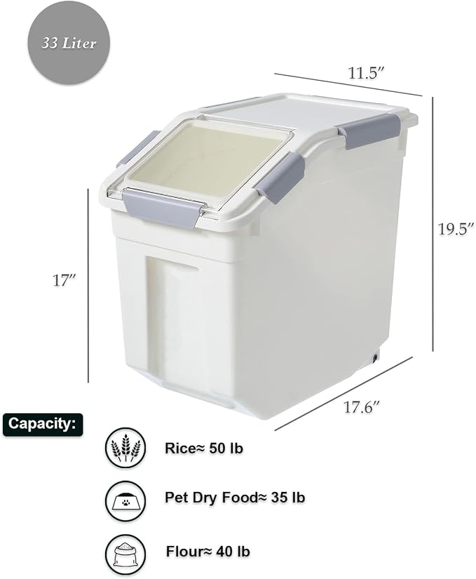 33 Liter / 50 lbs Rice Storage Container with Measuring Cup, BPA free, For Rice | Grain | Pet Food | Flour, 1 count, White