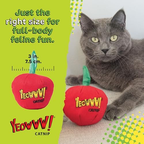 Yeowww! Catnip Apple Cat Toy - 4 in toy for cats with Crinkly Leaf, 100% Stuffed with Premium Organically Grown Catnip, Made in USA