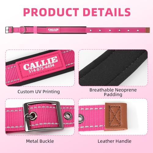 Personalized Dog Collar with UV-Printed Name and Phone Number Custom Adjustable Reflective Nylon Collar for Large Dogs (Metal Buckle)