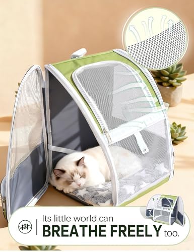 Cat Backpack Carrier with Washable Bed Mat Green Cat Carrier