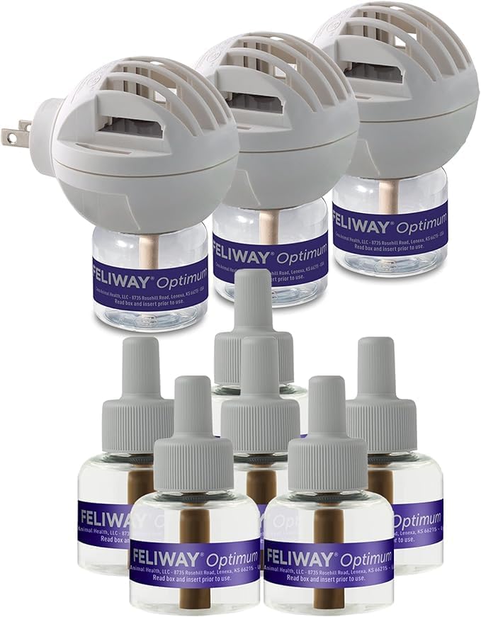 FELIWAY Optimum Cat Calming 3 Diffuser Kit & 6 Pack Refill – Advanced Support to Help Reduce Urine Spraying, Scratching, Fighting and Hiding Due to Stress – All in One Cat Pheromone Plug in Diffuser