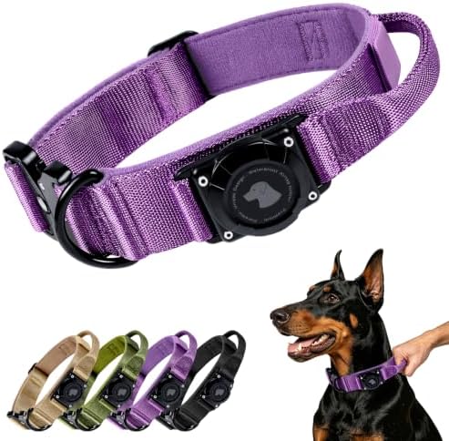 Tactical AirTag Dog Collar with Holder for Medium Large Dogs, Purple, XL
