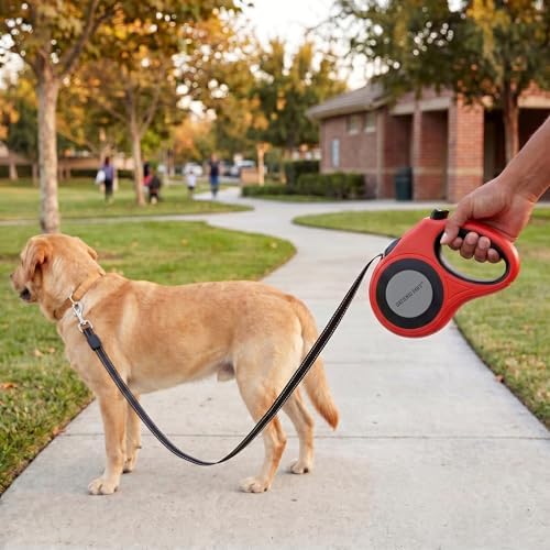 XL 16FT Retractable Dog Leash for Large Dog up to 120 lbs, Chew Proof Steel Wire Extender, One-Hand Brake & Lock, Tangle-Free Heavy Duty Walking Leash XL RED