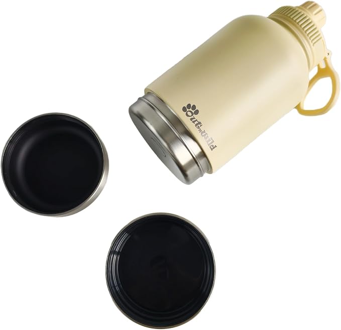 OUT 'N WILD Portable Dog Insulated Water Bottle & Bowls - All-in-One Travel Accessories Pet Food & Liquids for Car, Hiking, Camping - Leak-Proof, Double Walled - 32 oz, 2 Dog Bowls, Beige