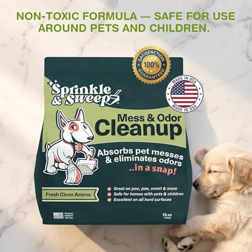 Sprinkle & Sweep: Pet Mess & Odor Cleanup Duo - 15oz Bag & Dustpan Broom - Dog Accident Clumping Powder, Remove Urine-Poop-Vomit from Hard Services