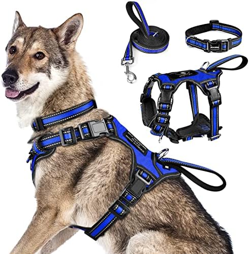 WINSEE All-in-One Reflective Dog Harness, Collar & Leash Set, No Pull with Adjustable Buckles, X-Large, Dark Blue
