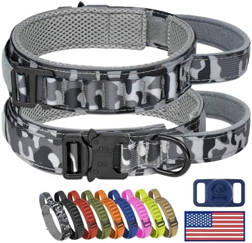 HYDEME Tactical Dog Collar, Alpine Loop Adjustable Military Training Nylon Dog Collars with Handle and Reflective for Small Medium Large Dogs, with Airtags Protective Case & Patches.(XL,Camo)