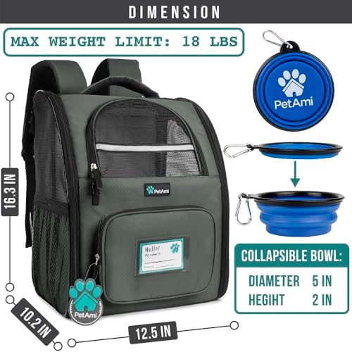PetAmi Dog Backpack Carrier for Small Large Cat, Pet, Puppy, Ventilated Pet Hiking Backpack Travel Bag, Airline Approved Cat Backpack Carrier, Camping Biking Dog Bag Up to 18lbs Pet, Dark Grey