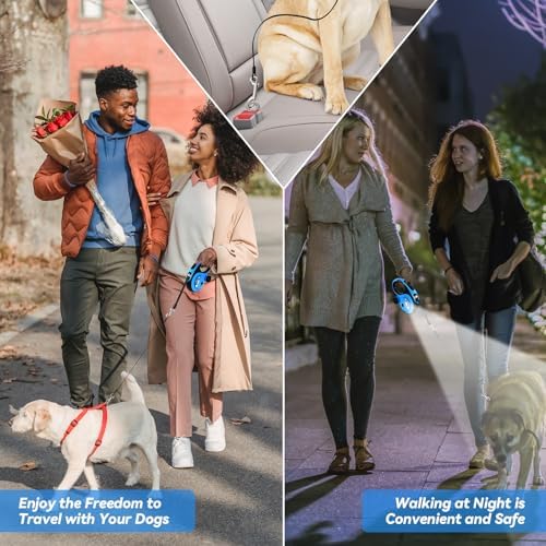 26ft Retractable Dog Leash for Large Dogs Up to 110lbs, LED Light, Blue