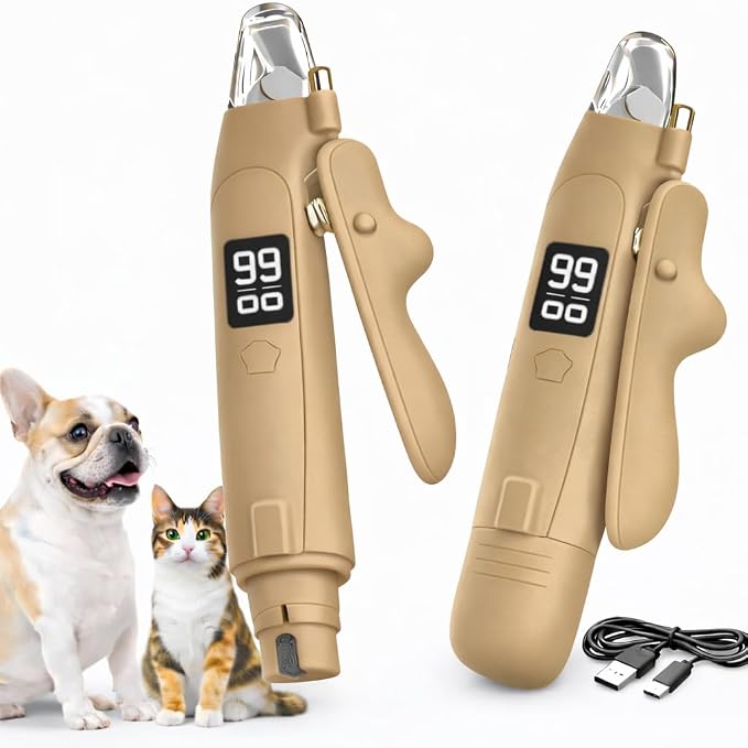 2-in-1 Dog Cat Nail Clippers with Light Bloodline Indicator & Electric Grinder – Type-C Rechargeable Dog Cat Nail Trimmer – Low Noise Grooming Tool with Battery Display (Dark Beige)