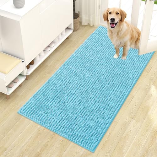 OLANLY Dog Door Mat for Muddy Paws 44x24, Ultra Absorbent Chenille Mud Doormat, Non-Slip Washable and Dirt Trapping Doormat for Indoor Entryway, Quick-Dry Indoor Pet Bed Mats for Dogs, Blue