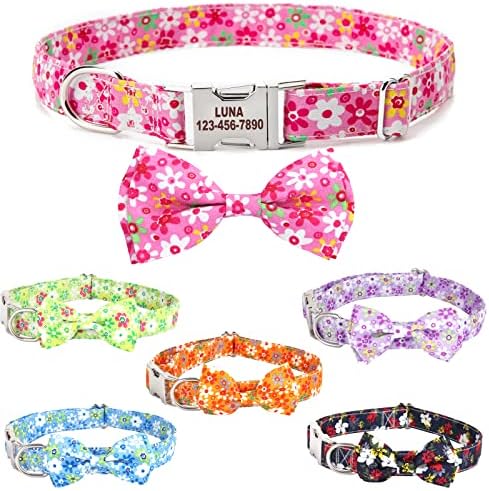 Personalized Dog Collar with Bow Tie - Birthday Custom Dog Collar Flower with Metal Buckle Adjustable Cute Collar for Girl Puppy Small Medium Large Dog