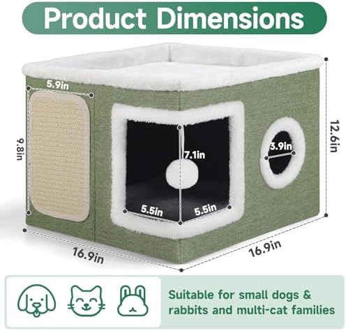 Shikha Cat House Bed for Indoor Cats with Fluffy Ball and Scratch Pad Green