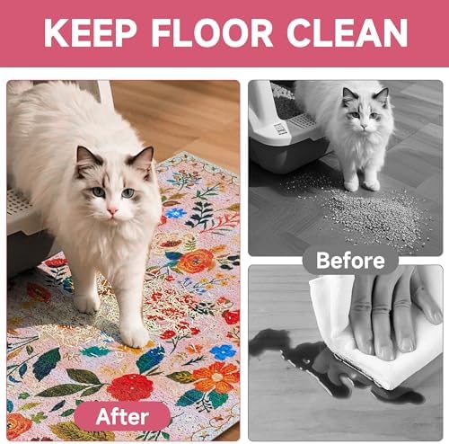 Cat Litter Mat, 35" x 23" Litter Box mat, Upgrade Non-Slip Kitty Litter mat, Traps 100% Litter, Soft on Kitty Paws, Easy Clean for Scatter Control, Bohe cat Food mat, Urine Waterproof