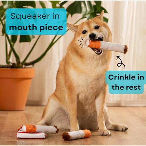 Nestpark Muttboro Doggy Cigs Funny Dog Toys - Parody Plush Squeaky Crinkle Interactive Dog Toy - Hide and Seek Treat Hiding Burrow Puzzle Toy for Stimulating Enrichment Activity